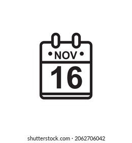 New outline vector illustration of flat calendar icon in black and white color. Simple calendar with November 16