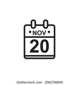 New outline vector illustration of flat calendar icon in black and white color. Simple calendar with November 20