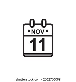 New outline vector illustration of flat calendar icon in black and white color. Simple calendar with November 11