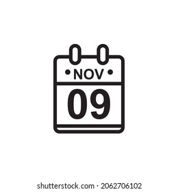 New outline vector illustration of flat calendar icon in black and white color. Simple calendar with November 9