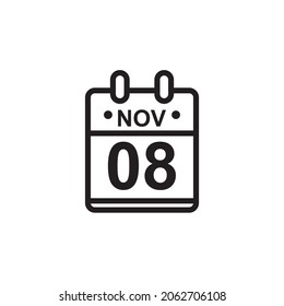 New outline vector illustration of flat calendar icon in black and white color. Simple calendar with November 8