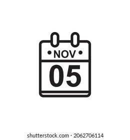 New outline vector illustration of flat calendar icon in black and white color. Simple calendar with November 5