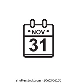 Neue Umriss-Vektorgrafik von flachem Kalendersymbol in schwarz-weißer Farbe. Einfache Kalenderversion mit 31. November
