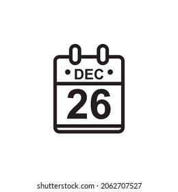 Nueva ilustración de vector de contorno del icono de calendario plano en color blanco y negro. Calendario simple con 26 de diciembre