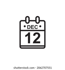 New outline vector illustration of flat calendar icon in black and white color. Simple calendar with December 12