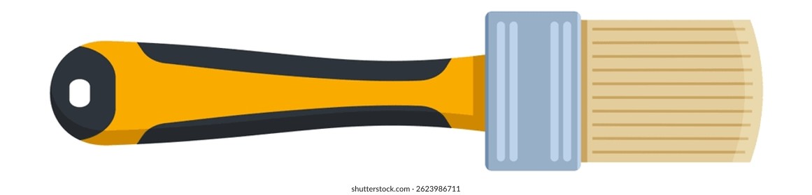 New paint brush with yellow and black ergonomic handle and light brown bristles, ideal for painting walls and home decor, isolated on white background