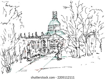 New Palace (Neues Palais) in Sanssouci Park, during restoration 2014. Autumn landscape Prussian Baroque palace, Potsdam, Germany. Colored ink drawing.