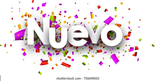 New paper banner with color confetti, Spanish. Vector illustration.
