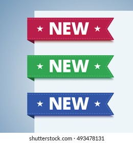 New paper label in flat style. Set of paper bookmarks in red, green and blue colors. Vector illustration.