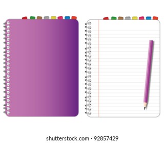 New paper page and purple cover notebook.
