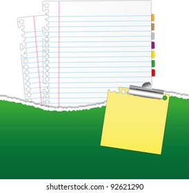 New paper sheet in rip green folder and pad hold paper clip.