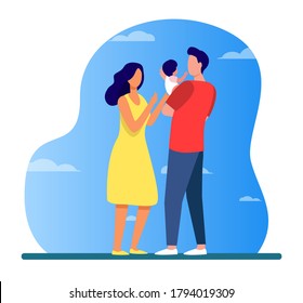 New parents taking care about baby together. Dad holding kid, mom reaching hands to child flat vector illustration. Parenthood, childcare concept for banner, website design or landing web page