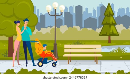 Nuevos padres caminando con un niño en cochecito. Pareja joven y niño pequeño en el parque de la ciudad Ilustración vectorial plana. Cuidado de niños, paternidad, concepto de estilo de vida