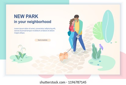 New Park In Your Neighborhood Flat Vector Web Banner With Couple In Love Walking Together On Paved Park Road Or Path With Dog Pet. City Open Public Space, Comfortable Square Landing Page Template