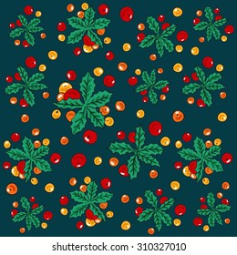 New pattern of green leaves and red berries on a dark blue background.