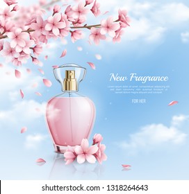 New Perfume With Sakura Fragrance Realistic Background Vector Illustration