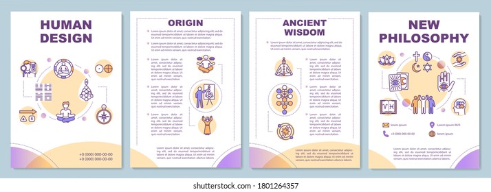 New philosophy brochure template. Origin of human design knowledge. Flyer, booklet, leaflet print, cover design with linear icons. Vector layouts for magazines, annual reports, advertising posters