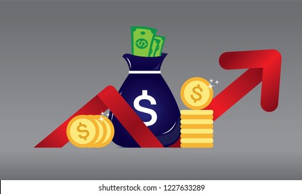 New pile of cash. Profit, benefits money or budget, rising graph arrow up, business success concept, economic Vector illustration