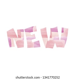 New. Pink watercolor textured word "new", vector image. Isolated wihout background.