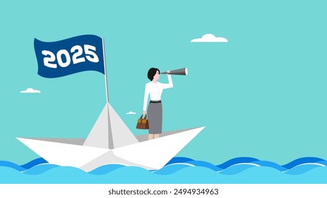 new plan or business strategy in 2025, businesswoman sailing on a paper boat with 2025 waving flag while scouting for business opportunities using telescope, business opportunity, happy new year 2025