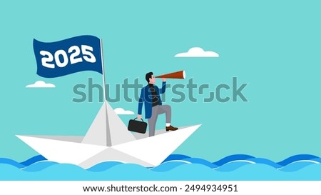 new plan or business strategy in 2025, businessman sailing on a paper boat with 2025 waving flag while scouting for business opportunities using telescope, business opportunities, happy new year 2025