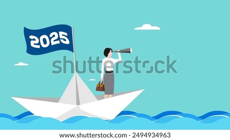 new plan or business strategy in 2025, businesswoman sailing on a paper boat with 2025 waving flag while scouting for business opportunities using telescope, business opportunity, happy new year 2025