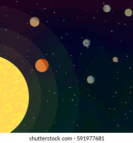 New planets found in another solar system in space. Several planets revolving around stars. Life in galaxy. Cartoon vector illustration on theme of space.