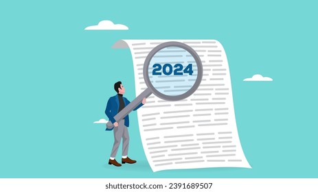 new plans in 2024 illustration with a businessman with a businessman who uses a magnifying glass to find a strategy in 2024, new year plans concept