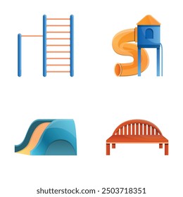 New playground icons set cartoon vector. Children playground equipment. Entertainment, pastime