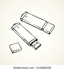 New pocket gb chip isolated on white backdrop. Freehand linear black ink hand drawn picture emblem in art contemporary contour scribble style pen on paper. View close up with space for text