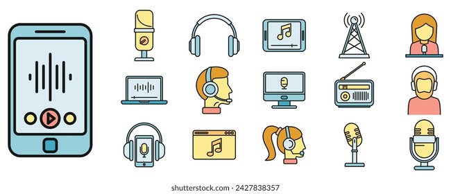 New podcast icons set. Outline set of new podcast vector icons thin line color flat on white