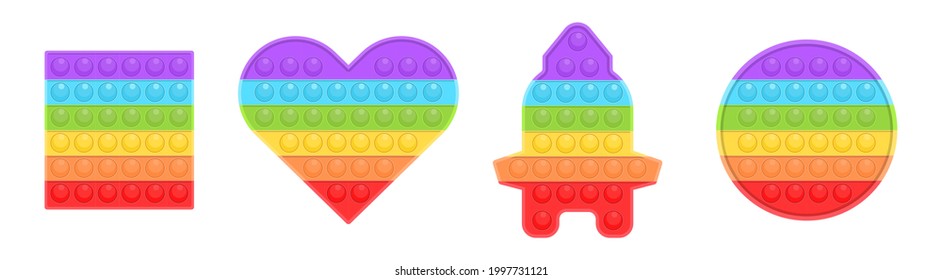 new popular childrens silicone colorful toy. Colorful antistress sensory toy fidget push. Pop bubble silicone toy. Fun simple dimple game rainbow vector illustration.