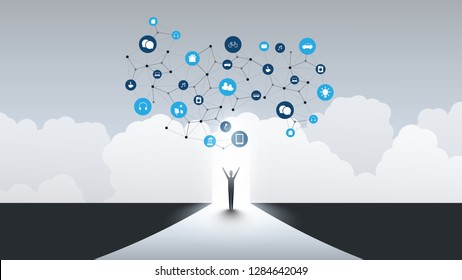 New Possibilities - Business, Solutions Finding, Cloud Computing Design Concept with a Standing Business Man and Icons - Digital Network Connections, Technology Background