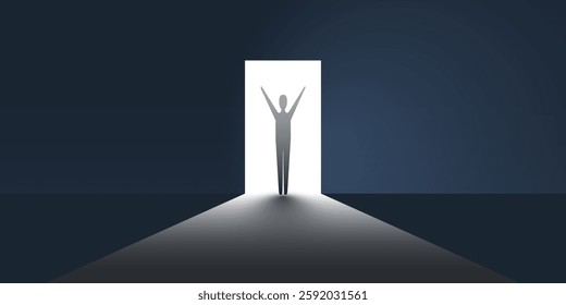 New Possibilities, Hope - Business Finding Solution Vector Concept - A Human Silhouette Standing in a Doorway to a Dark Room - Minimalist Vector Concept, Symbol of Light at the End of the Tunnel