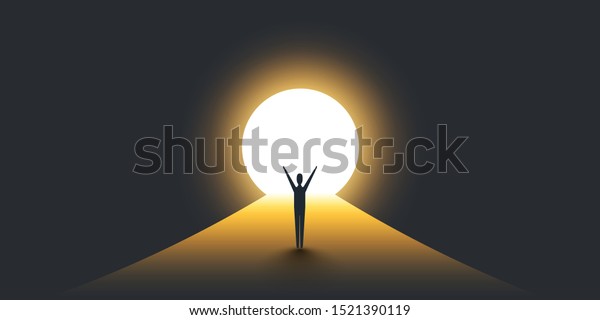 New Possibilities, Hope - Business Finding\
Solution Vector Concept - Businessman Standing in Dark, Symbol of\
Light at the End of the\
Tunnel