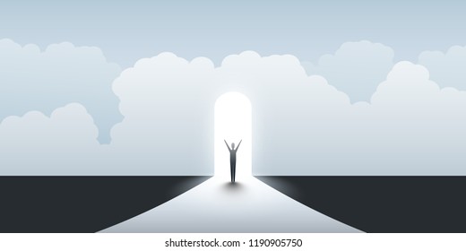 New Possibilities, Hope, Dreams - Business, Solutions Finding Concept - Businessman Standing in Front of a Door, Light at the End of the Road