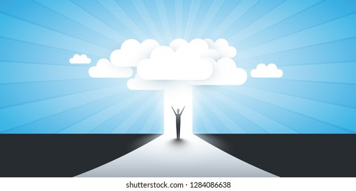 New Possibilities, Hope, Dreams - Business, Solutions Finding Concept - Man Standing in Front of a Door, Under the Cloudy Sky, Light at the End of the Road
