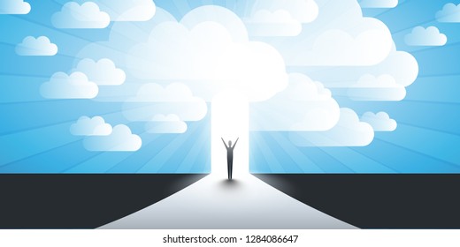 New Possibilities, Hope, Dreams - Business, Solutions Finding Concept - Man Standing in Front of a Door, Under the Cloudy Sky, Light at the End of the Road