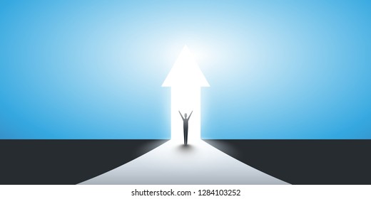 New Possibilities, Hope, Dreams - Business, Solutions Finding Concept - Man Standing in Front of a Door, Light at the End of the Road