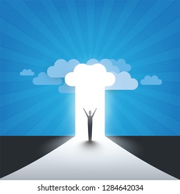 New Possibilities, Hope, Dreams - Business, Solutions Finding Concept - Man Standing in Front of a Door, Under the Cloudy Sky, Light at the End of the Road