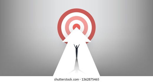New Possibilities, Hope, Dreams - Business Achievements, Solution Finding Concept - Man Standing on a Big Up Arrow Pointing to the Target