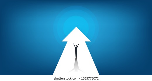 New Possibilities, Hope, Dreams - Business Achievements, Solutions Finding Concept - Man Standing on a Big Up Arrow