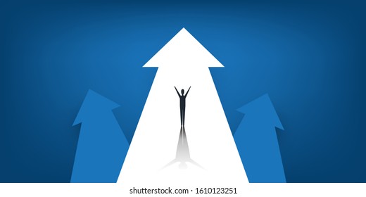 New Possibilities, Hope, Dreams - Business Achievements, Solutions Finding Concept - Man Standing on a Big Up Arrow - Vector Illustration