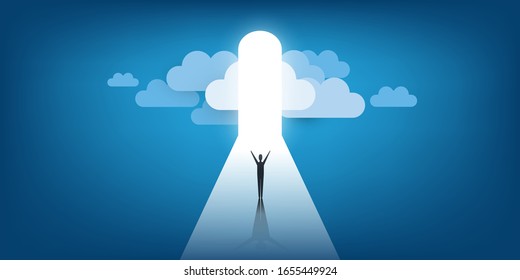 New Possibilities, Hope, Dreams - Business, Solutions Finding or Heaven Concept - Man Standing in Front of a Door Under a Cloudy Sky, Light at the End of the Road