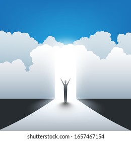 New Possibilities, Hope, Dreams - Business, Solutions Finding or Heaven Concept - Man Standing in Front of a Door Under a Cloudy Sky, Light at the End of the Road