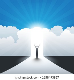 New Possibilities, Hope, Dreams - Business, Solutions Finding or Heaven Concept - Man Standing in Front of a Door Under a Cloudy Sky, Light at the End of the Road