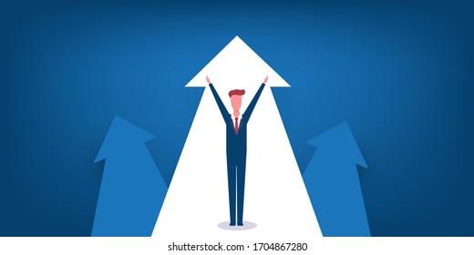 New Possibilities, Hope, Dreams - Business Achievements, Solutions Finding Concept - Man Standing on a Big Up Arrow - Vector Illustration
