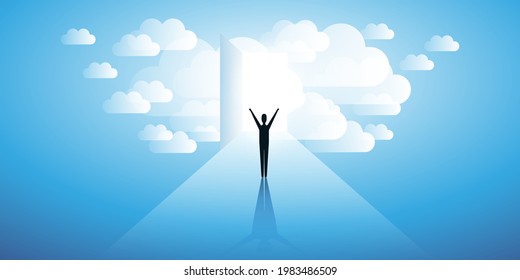 New Possibilities, Hope, Dreams - Business, Solutions Finding or Reaching Heaven Concept - Man Standing in Front of a Door in a Cloudy Sky with Bright Light at the End of the Road 