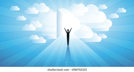 New Possibilities, Hope, Dreams - Business, Solutions Finding or Reaching Heaven Concept - Man Standing in Front of a Door in a Cloudy Sky with Bright Light at the End of the Road 