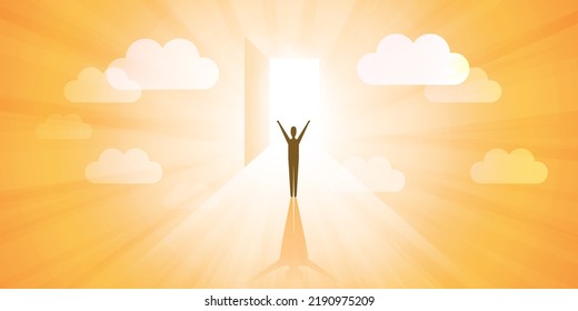 New Possibilities, Hope, Dreams - New Business, Solution Finding, End of the Road or Reaching Heaven Concept - Man Standing in Front of a Door in a Cloudy Sky with Bright Sunlight Coming Through